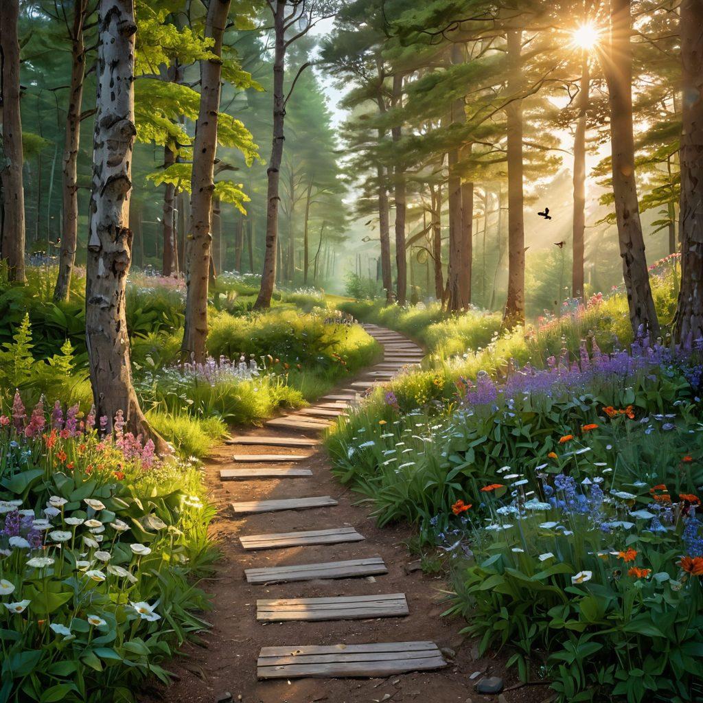 A serene landscape featuring a winding path through a lush green forest, dotted with colorful wildflowers, leading towards a tranquil sunrise. A diverse group of people are practicing mindfulness and yoga along the path, radiating joy and contentment. Soft light filters through the trees, illuminating the scene with warmth and positivity. Include elements like butterflies and birds to symbolize happiness. vibrant colors. super-realistic.