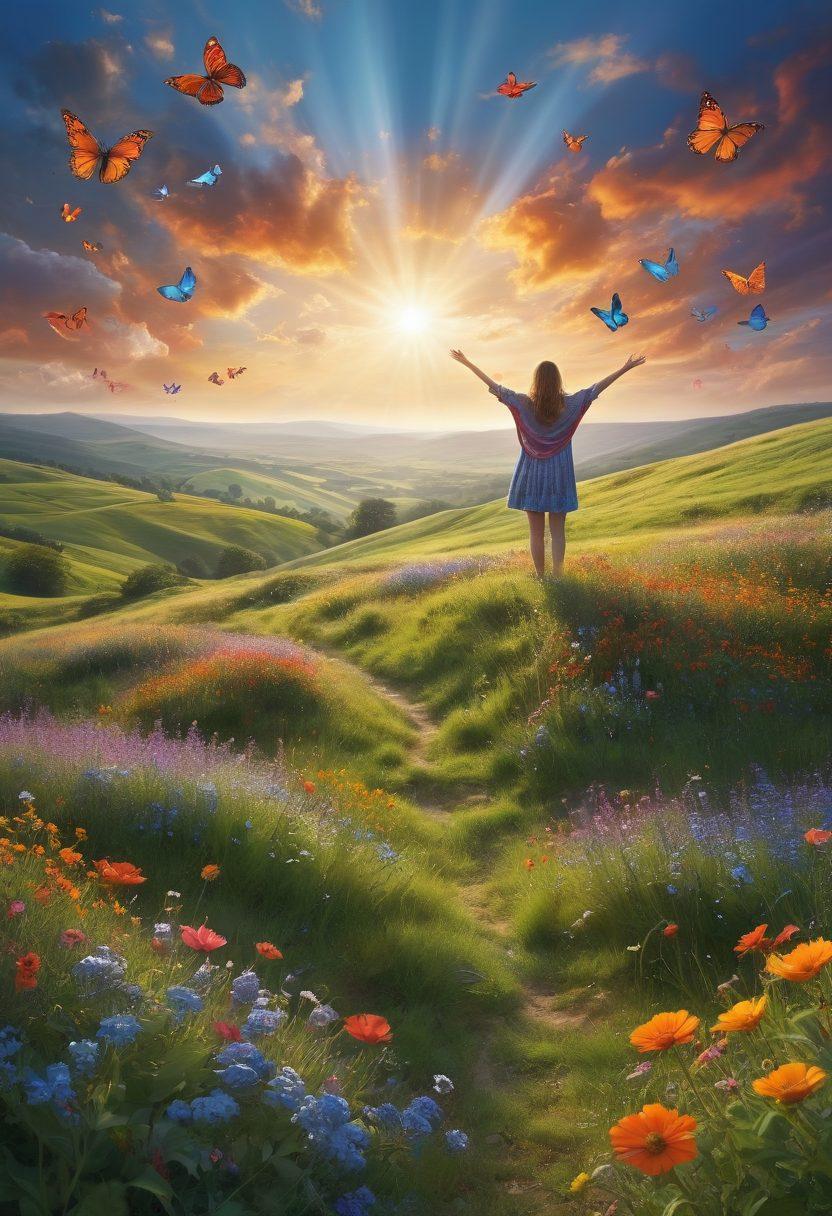 A serene landscape with a radiant sun rising over rolling green hills, filled with vibrant wildflowers in various colors. A joyful person, arms raised in celebration, stands atop a hill, surrounded by floating colorful butterflies and a clear blue sky. Soft beams of light reflect a sense of warmth and happiness. Include uplifting elements such as smiling faces in the clouds and a gentle breeze represented by flowing ribbons. super-realistic. vibrant colors. white background.