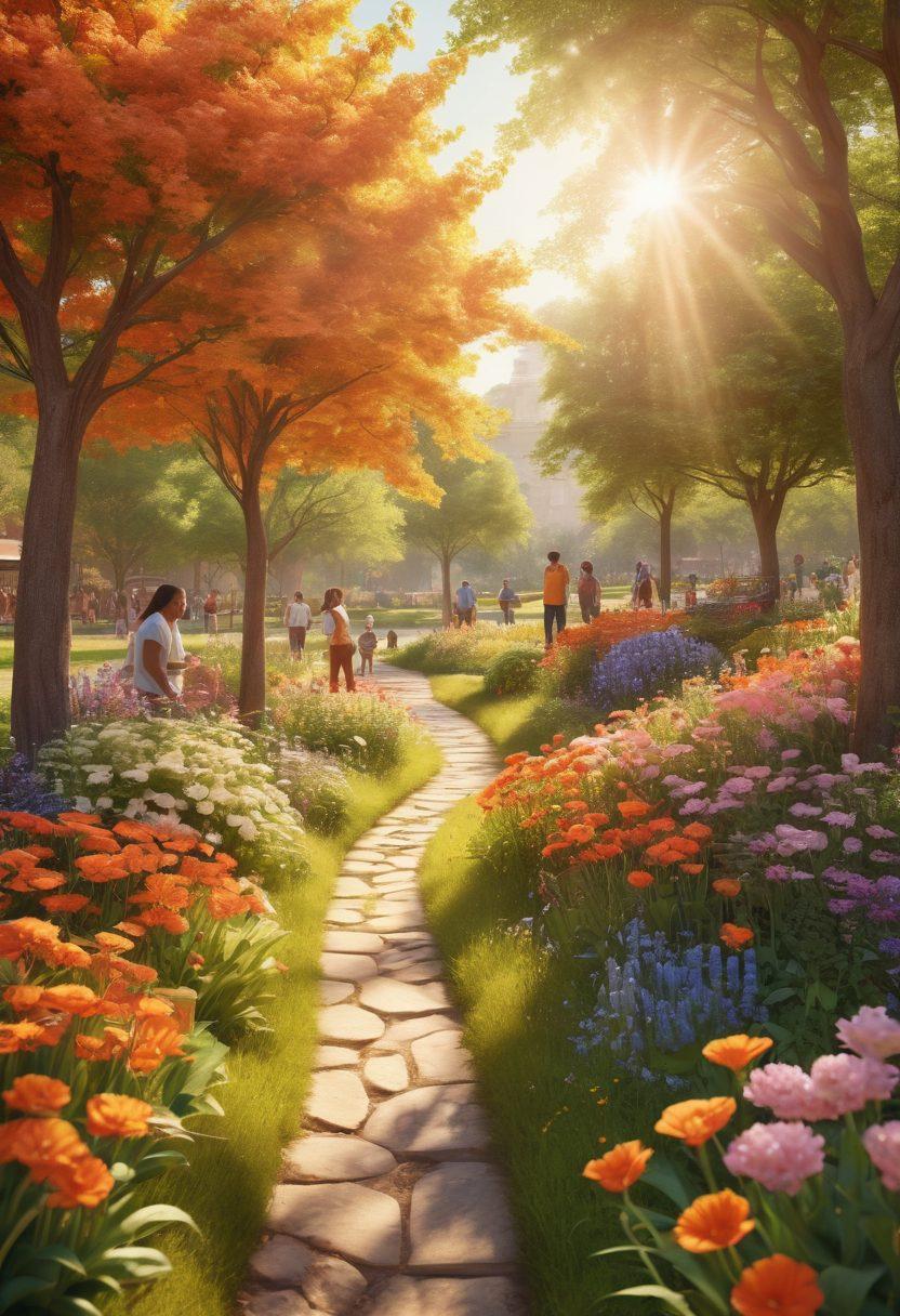 A serene landscape depicting a diverse group of people joyfully engaging in community activities, surrounded by blooming flowers and soft sunlight. Include elements of laughter, collaboration, and connection, with a backdrop of a picturesque park. Integrate warm colors to evoke feelings of happiness and tranquility. 3D. vibrant colors. high detail.